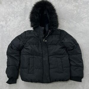 Abercrombie Kids Ultra Puffer Jacket Size 13/14 Black Faux Fur Hood Winter Coat